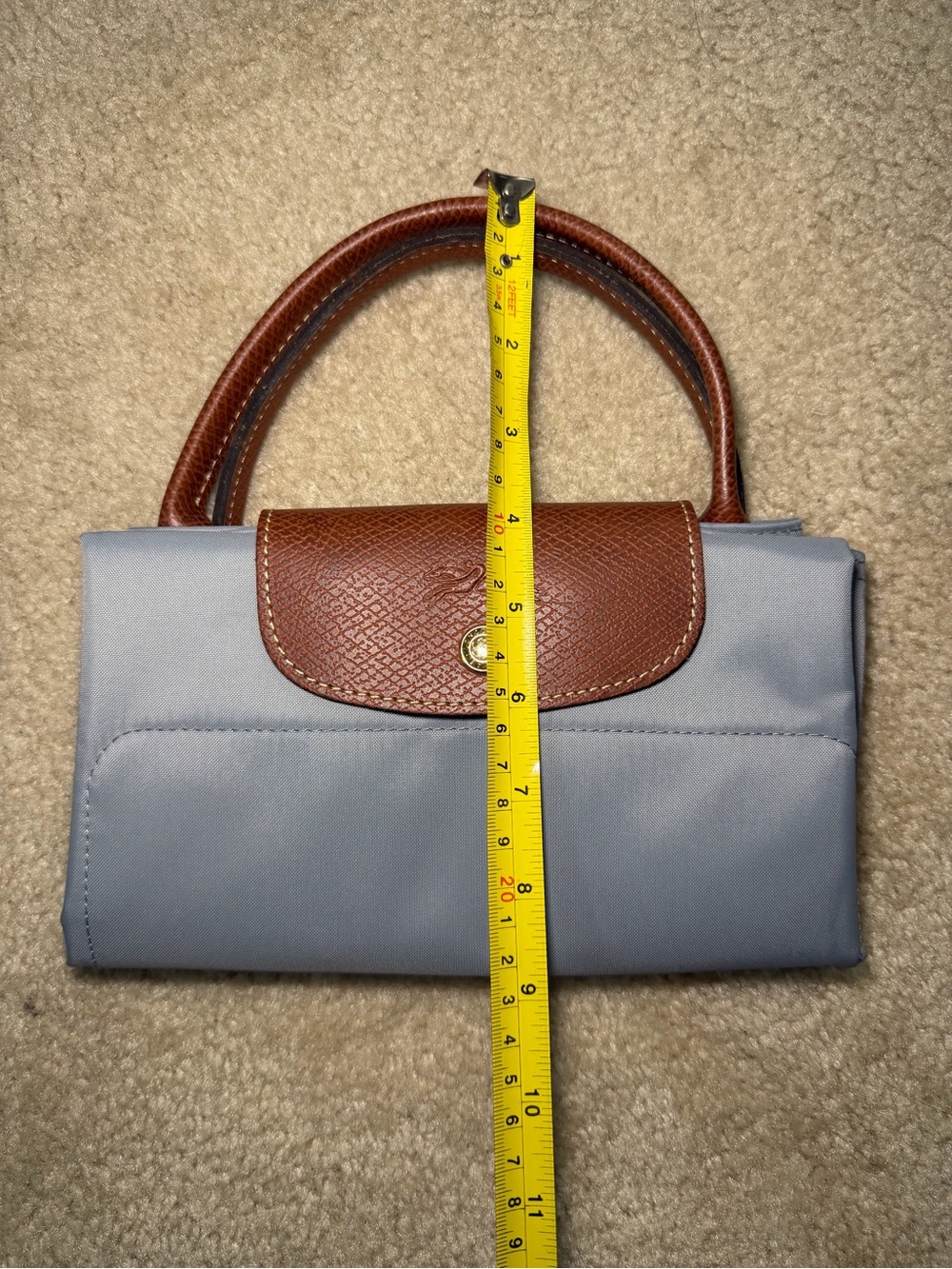 Longchamp Le Pliage Women's Tote Bag in Light Blue with Brown Trim - Picture 7 of 12